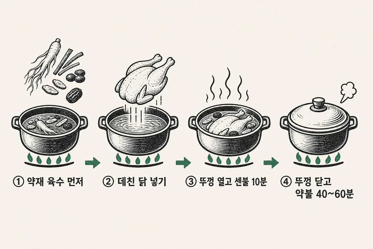 삼계탕 끓이는 순서 — 약재 육수 먼저 우리기, 데친 닭 넣기, 뚜껑 열고 센불, 뚜껑 닫고 약불 순서를 정리한 도식