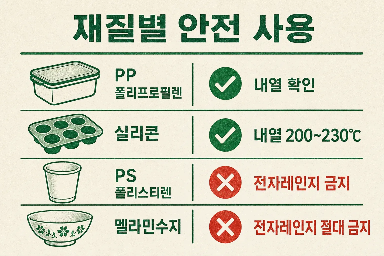 다이소 주방용품 재질별 안전 사용 가이드 — PP·실리콘은 열에 강하고 PS·멜라민수지는 전자레인지 사용을 피하라는 내용을 색으로 구분한 인포그래픽